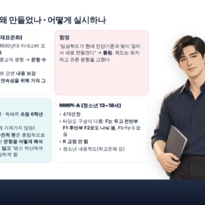 1급 필기 강의 화면 — MMPI-2 개발 이유와 실시를 정우 선생님이 설명하는 장면