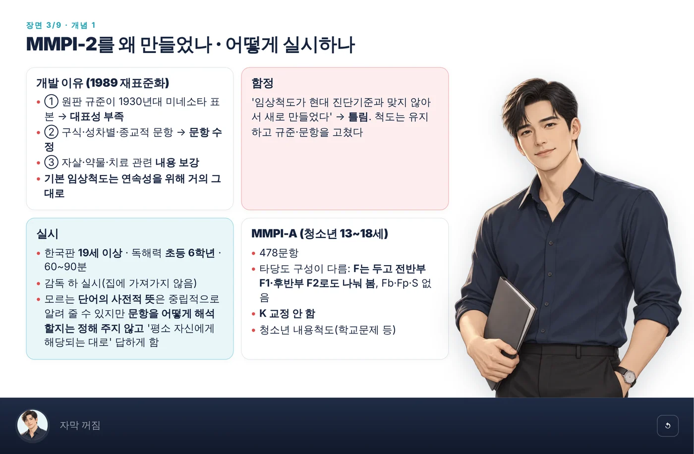 1급 필기 강의 화면 — MMPI-2 개발 이유와 실시를 정우 선생님이 설명하는 장면